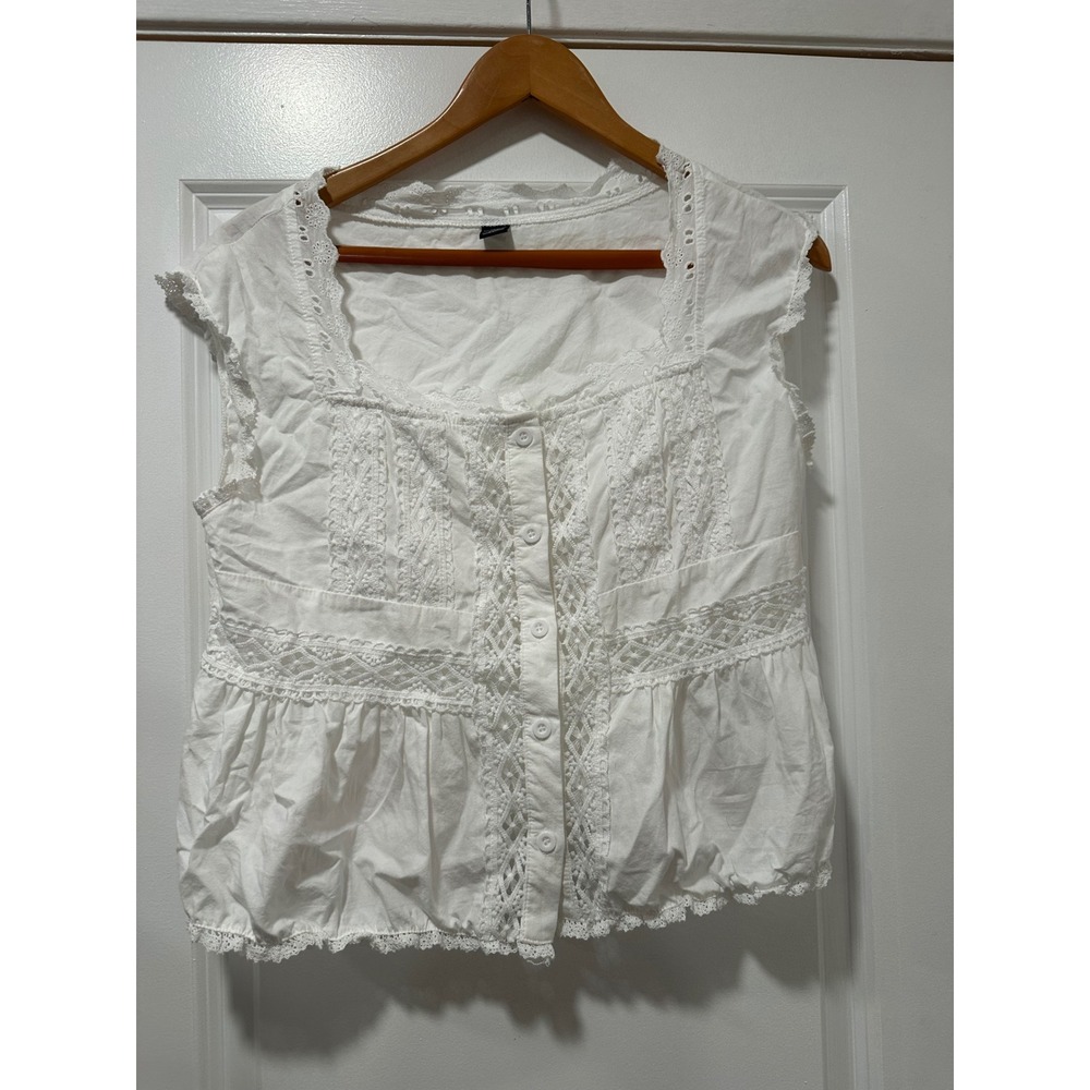 Dazy White Lace Boho Peplum Top Large Y2K Western Festival Crochet Button Up - Picture 2 of 12